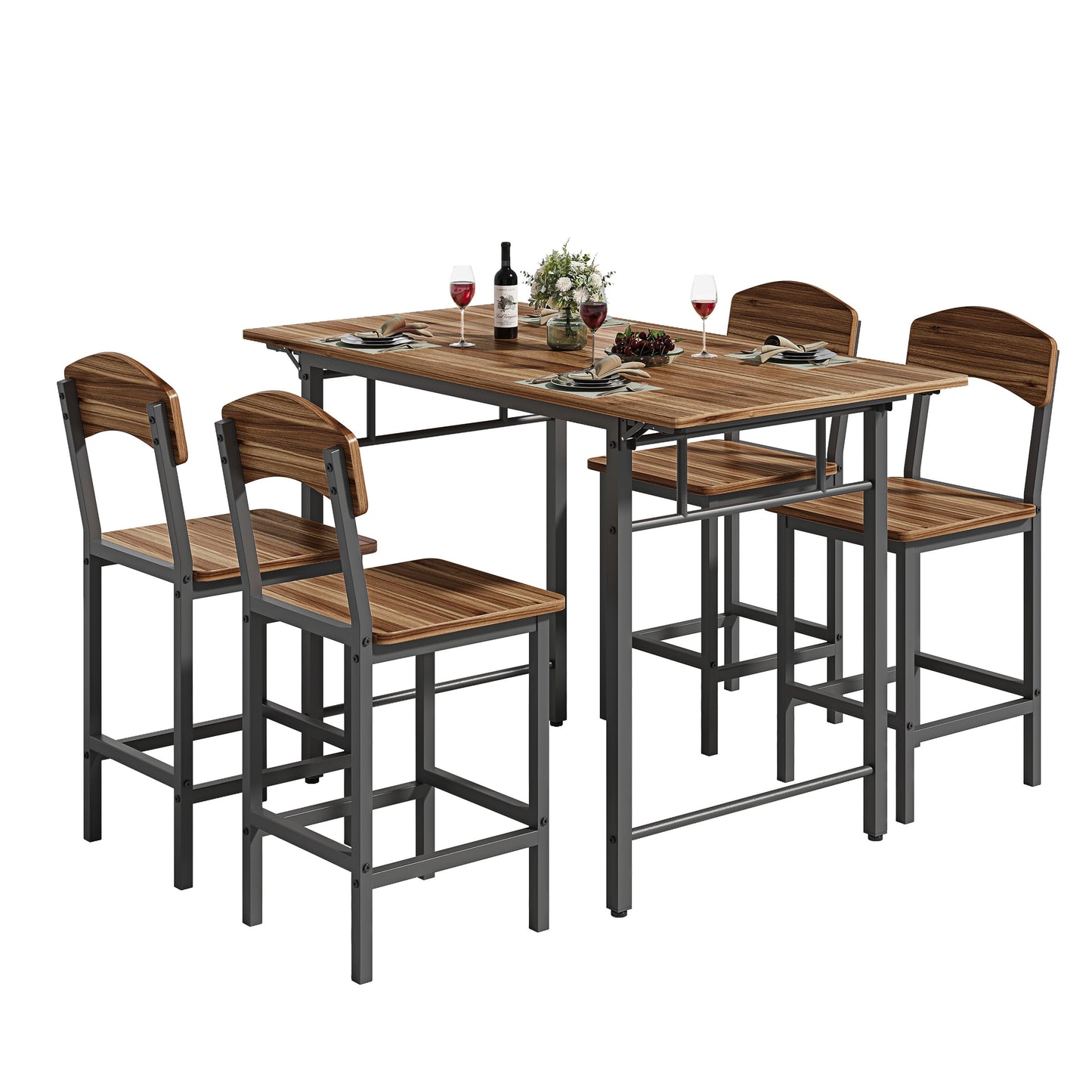 Counter Height Dining Table Set with 4 Stools, BTMWAY Modern Black Dining Table and Stools Set for Kitchen, Counter Height Dining Set, High Top Bar Table Set, Metal Frame Breakfast Nook Table Set
