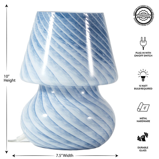 Blue Stripe Glass Mushroom Lamp, 10" H X 7.5" W, Plug In