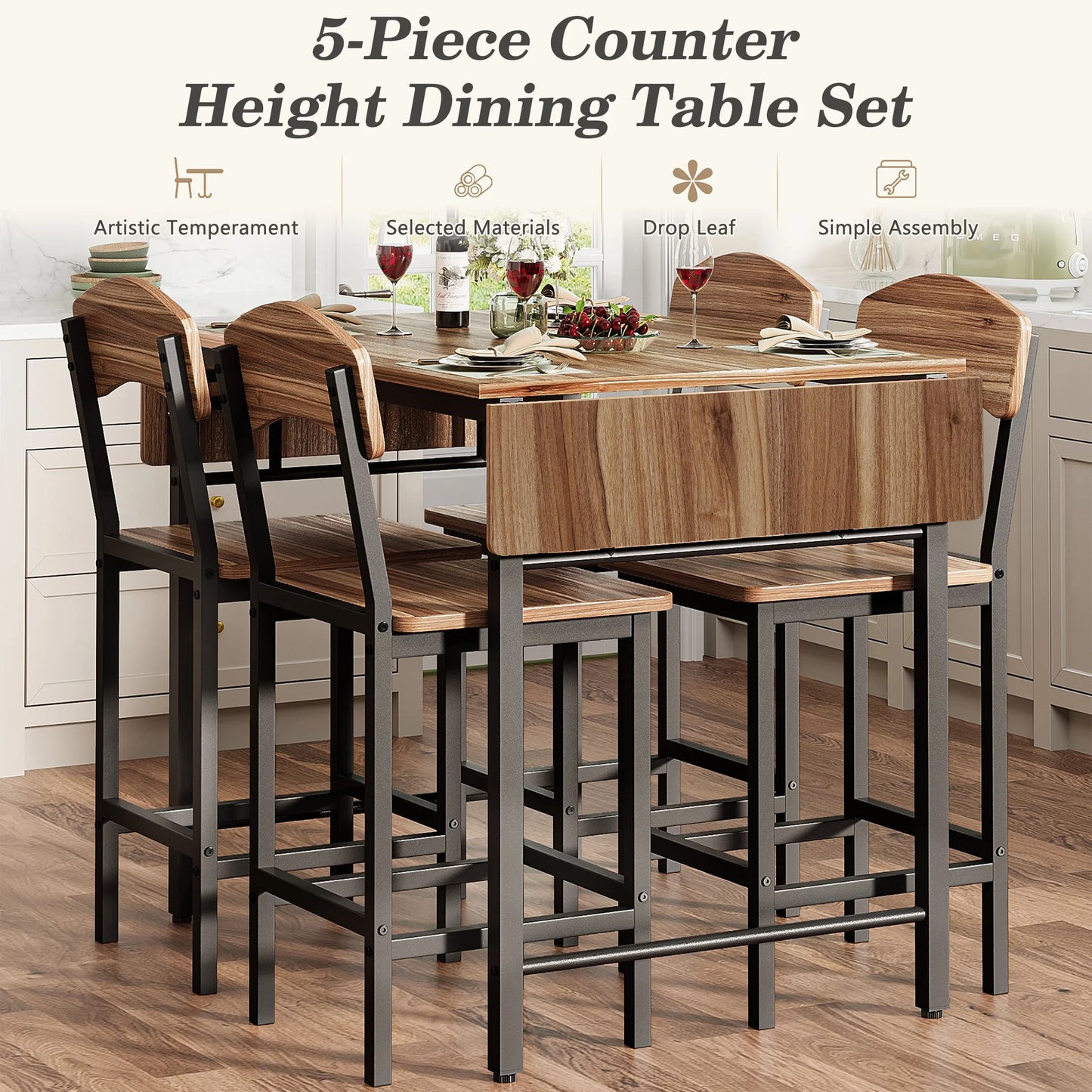 Counter Height Dining Table Set with 4 Stools, BTMWAY Modern Black Dining Table and Stools Set for Kitchen, Counter Height Dining Set, High Top Bar Table Set, Metal Frame Breakfast Nook Table Set