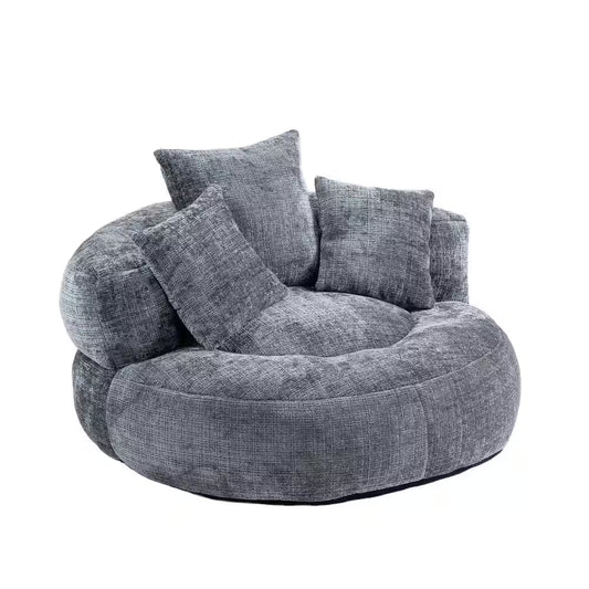 Modern Comfy Dark Grey Chenille Upholstery Bean Bag round Accent Arm Chair