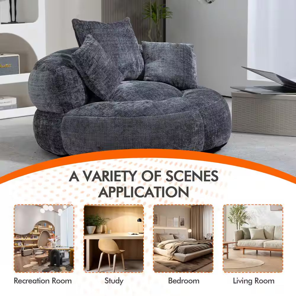 Modern Comfy Dark Grey Chenille Upholstery Bean Bag round Accent Arm Chair