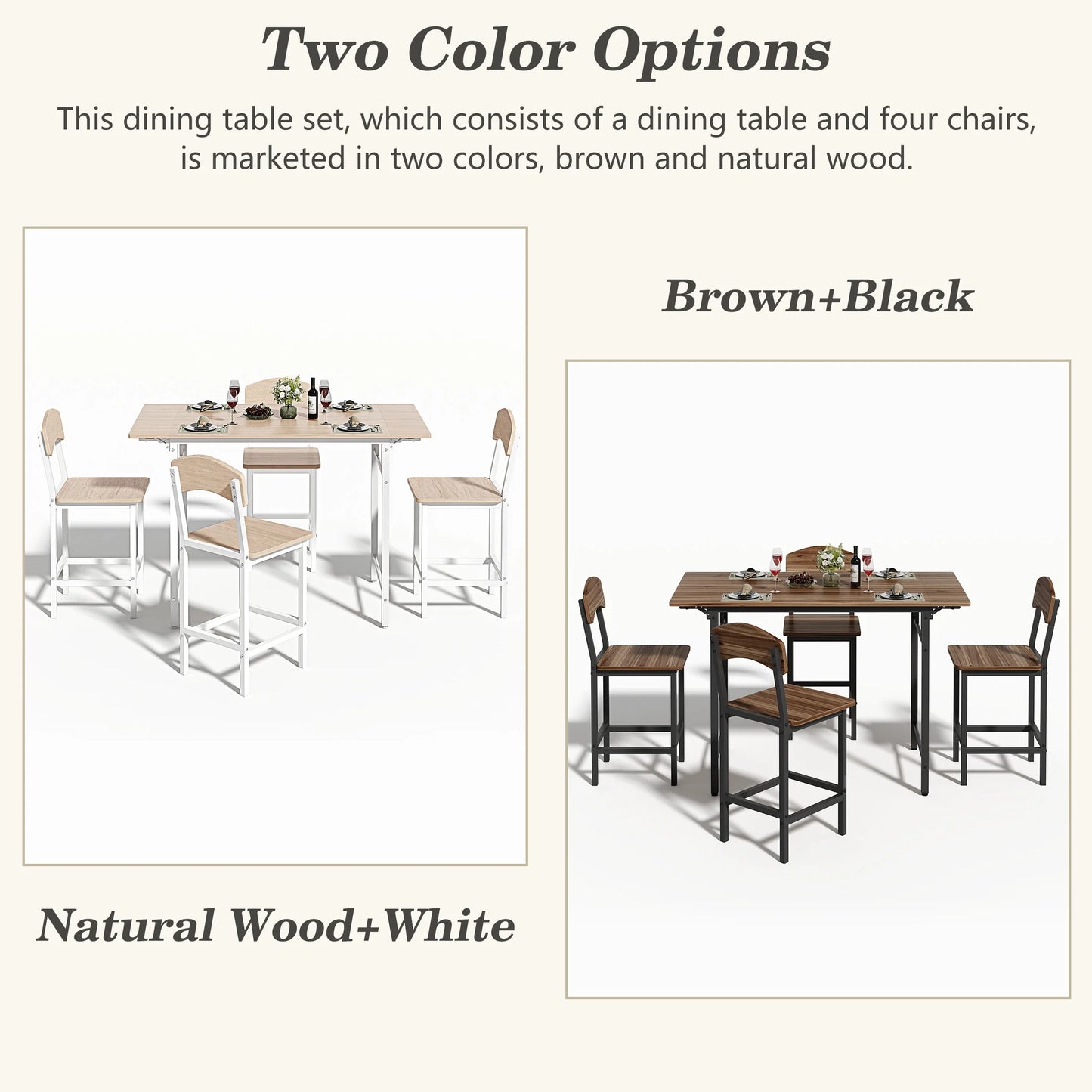 Counter Height Dining Table Set with 4 Stools, BTMWAY Modern Black Dining Table and Stools Set for Kitchen, Counter Height Dining Set, High Top Bar Table Set, Metal Frame Breakfast Nook Table Set