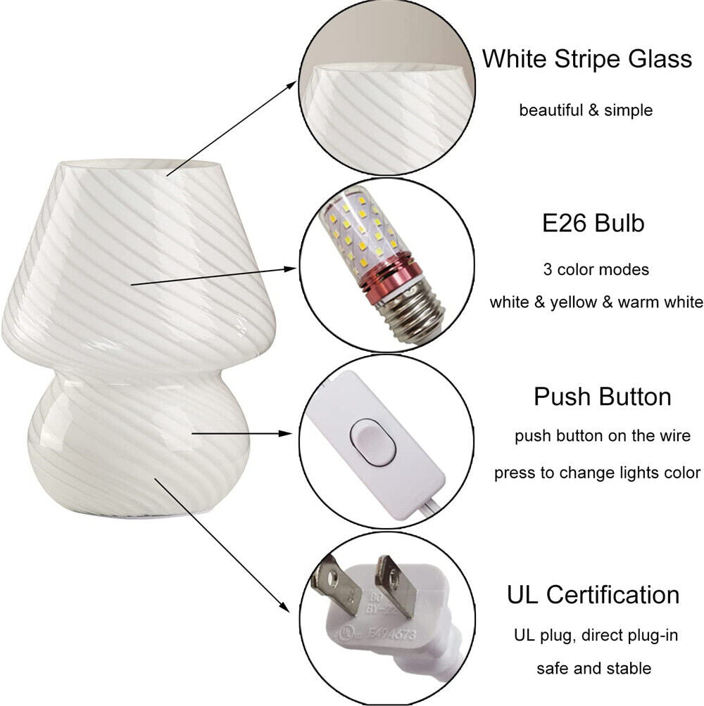 Mushroom Lamp Glass Table Bedside Striped Translucent Murano Vintage Style Light