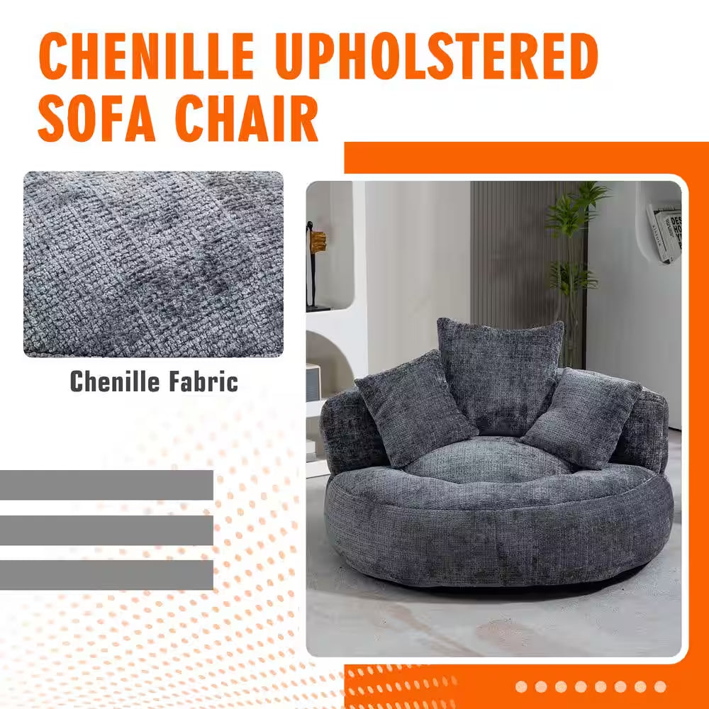 Modern Comfy Dark Grey Chenille Upholstery Bean Bag round Accent Arm Chair