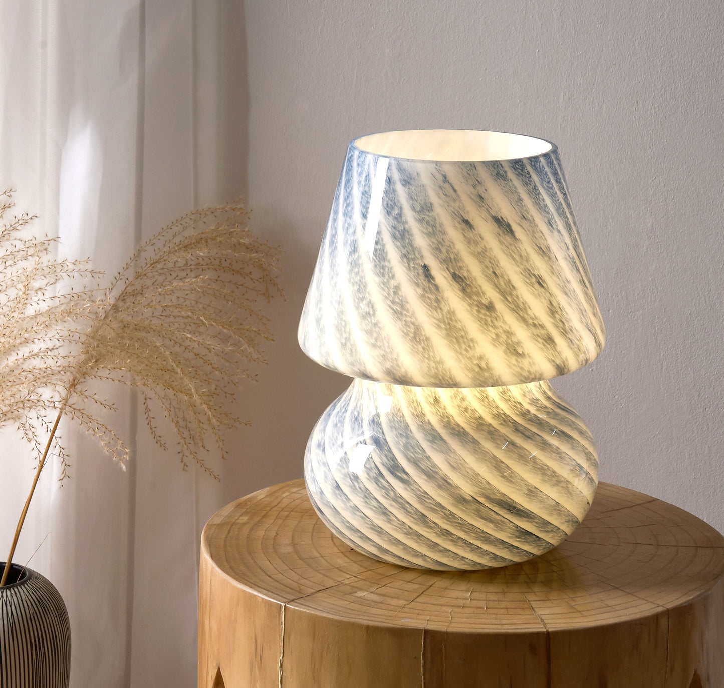 Blue Stripe Glass Mushroom Lamp, 10" H X 7.5" W, Plug In
