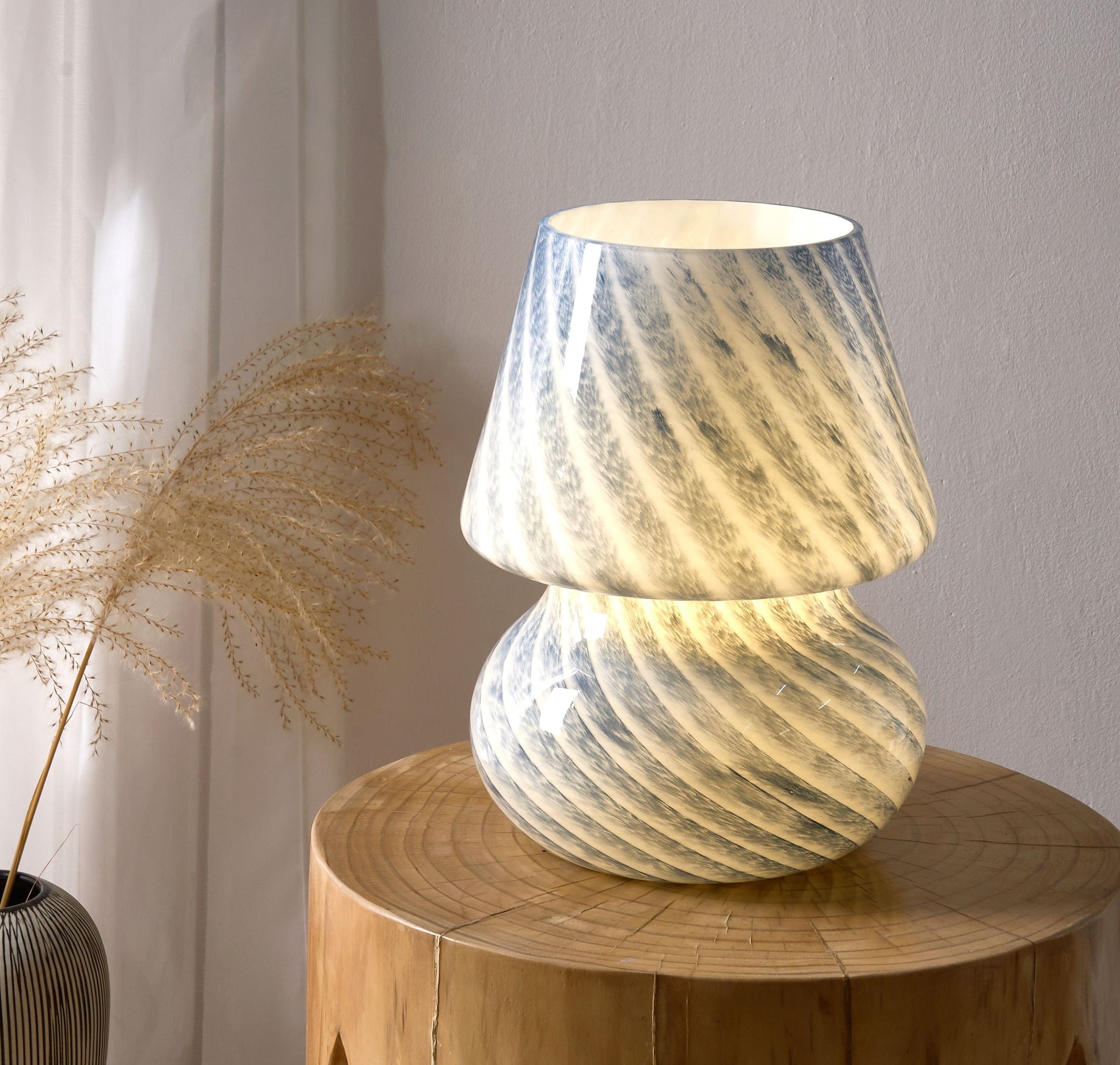 Blue Stripe Glass Mushroom Lamp, 10" H X 7.5" W, Plug In