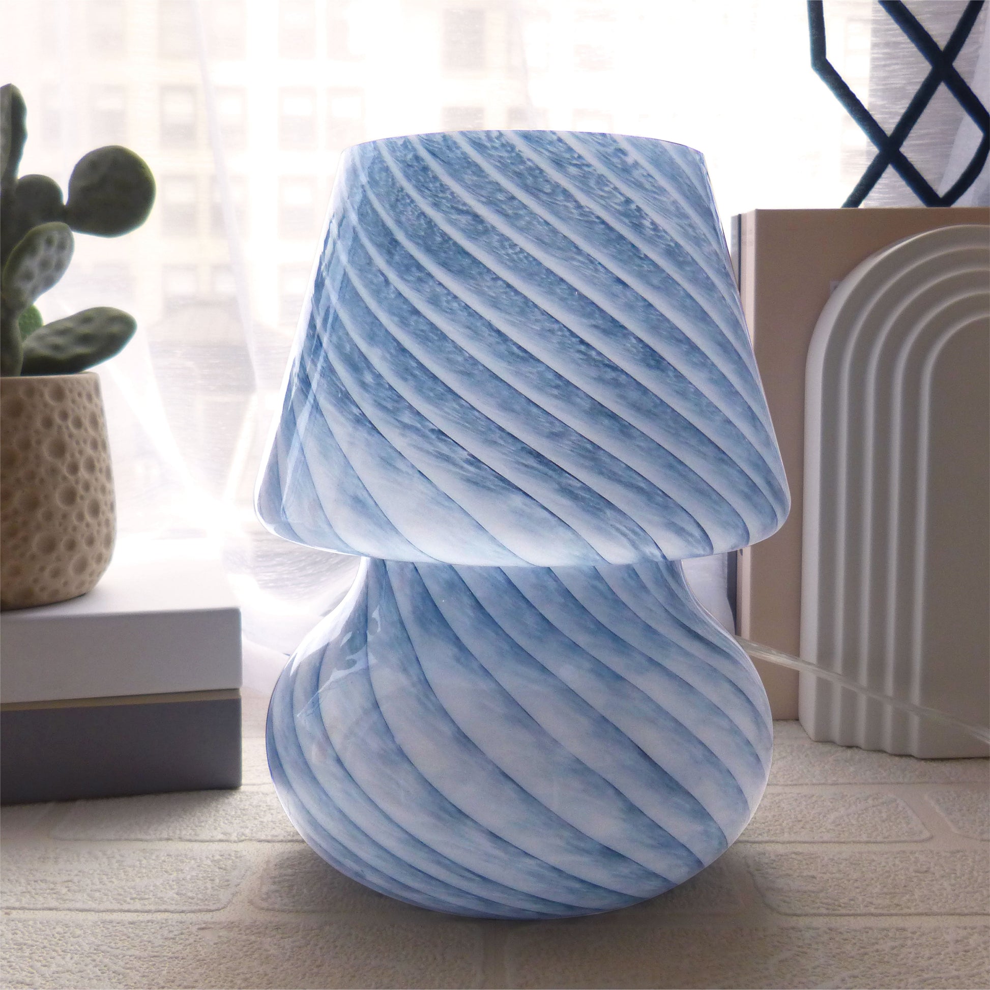 Blue Stripe Glass Mushroom Lamp, 10" H X 7.5" W, Plug In
