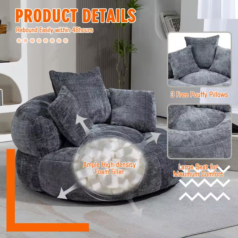 Modern Comfy Dark Grey Chenille Upholstery Bean Bag round Accent Arm Chair