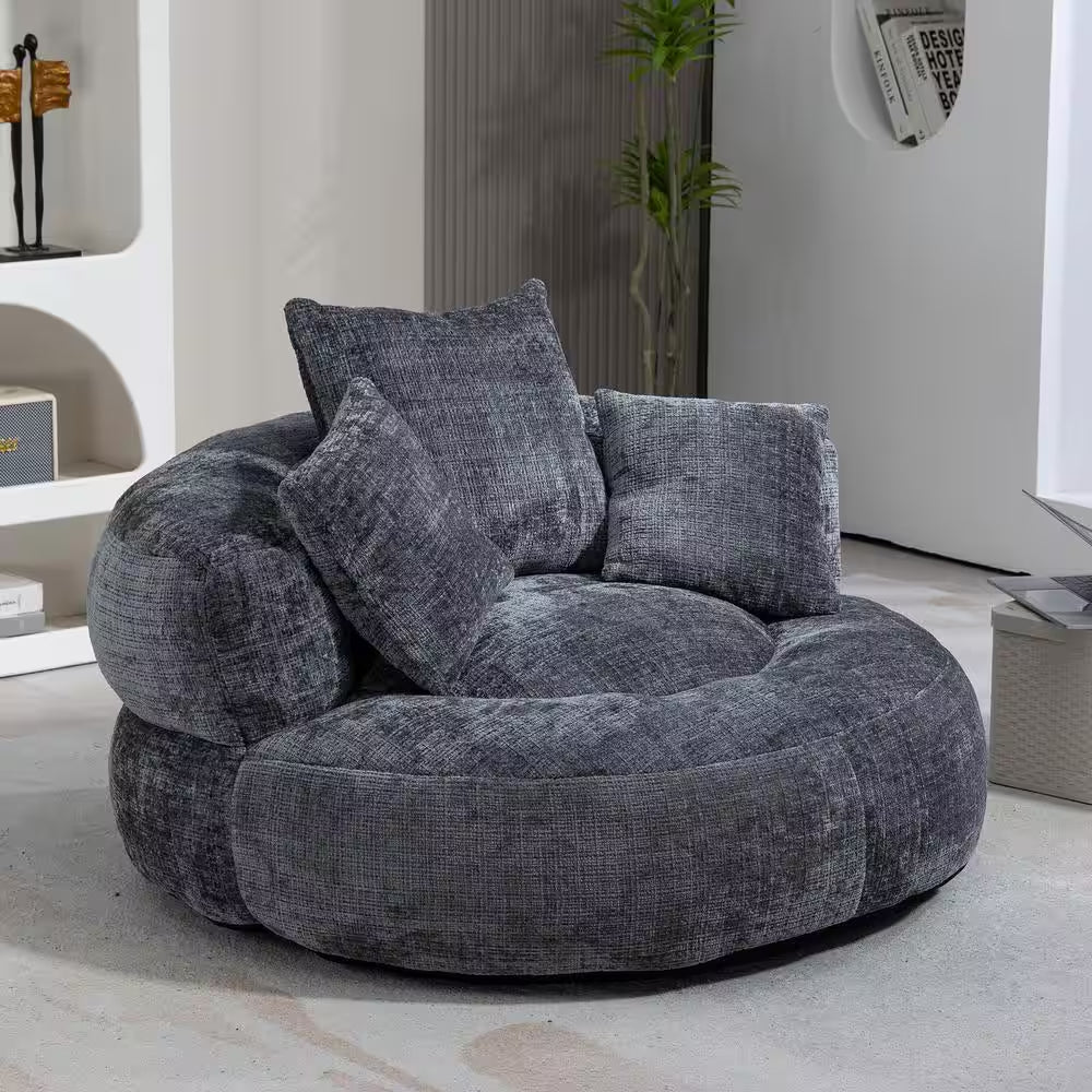 Modern Comfy Dark Grey Chenille Upholstery Bean Bag round Accent Arm Chair