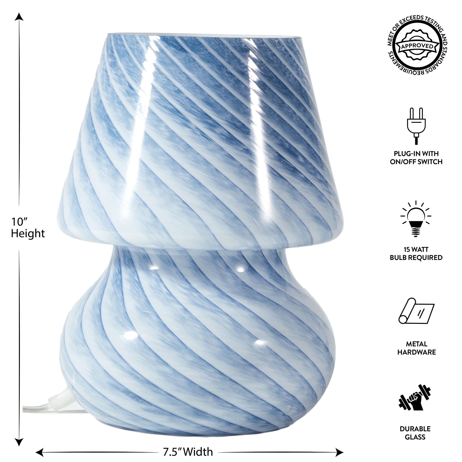 Blue Stripe Glass Mushroom Lamp, 10" H X 7.5" W, Plug In