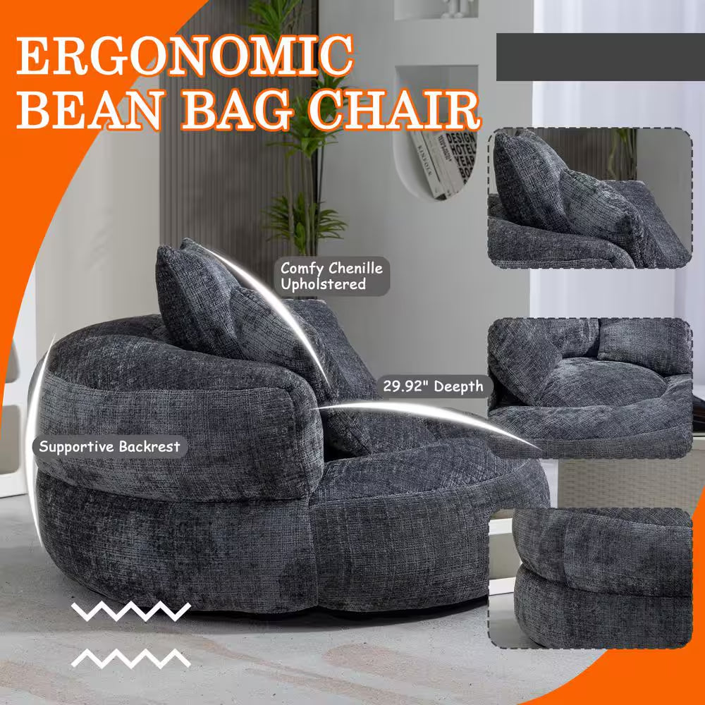 Modern Comfy Dark Grey Chenille Upholstery Bean Bag round Accent Arm Chair
