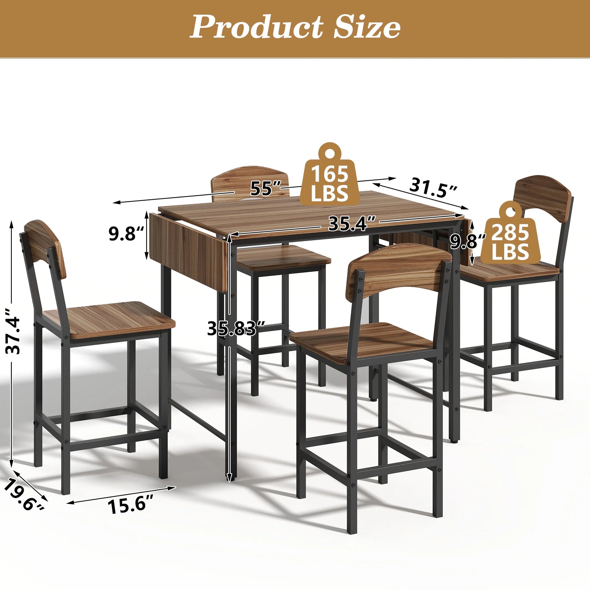 Counter Height Dining Table Set with 4 Stools, BTMWAY Modern Black Dining Table and Stools Set for Kitchen, Counter Height Dining Set, High Top Bar Table Set, Metal Frame Breakfast Nook Table Set