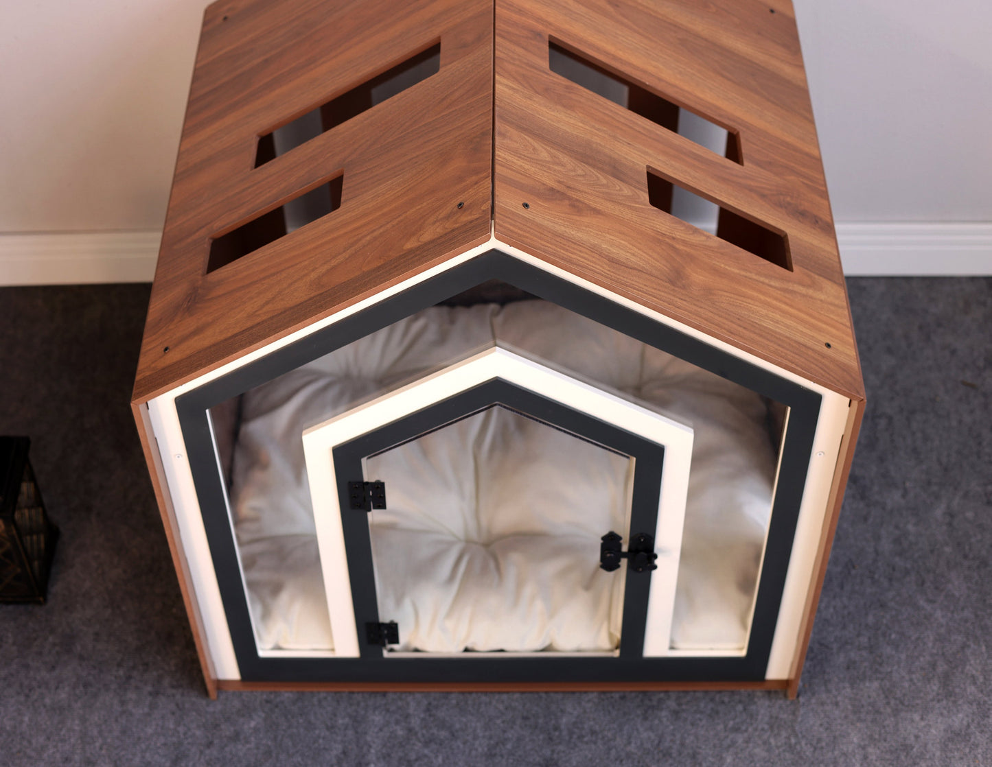 Mid Walnut Dog Crate with Custom Dog Bed, Dog Crate Furniture, Modern Dog Kennel, Indoor Dog House, Cat House, Cat Bed