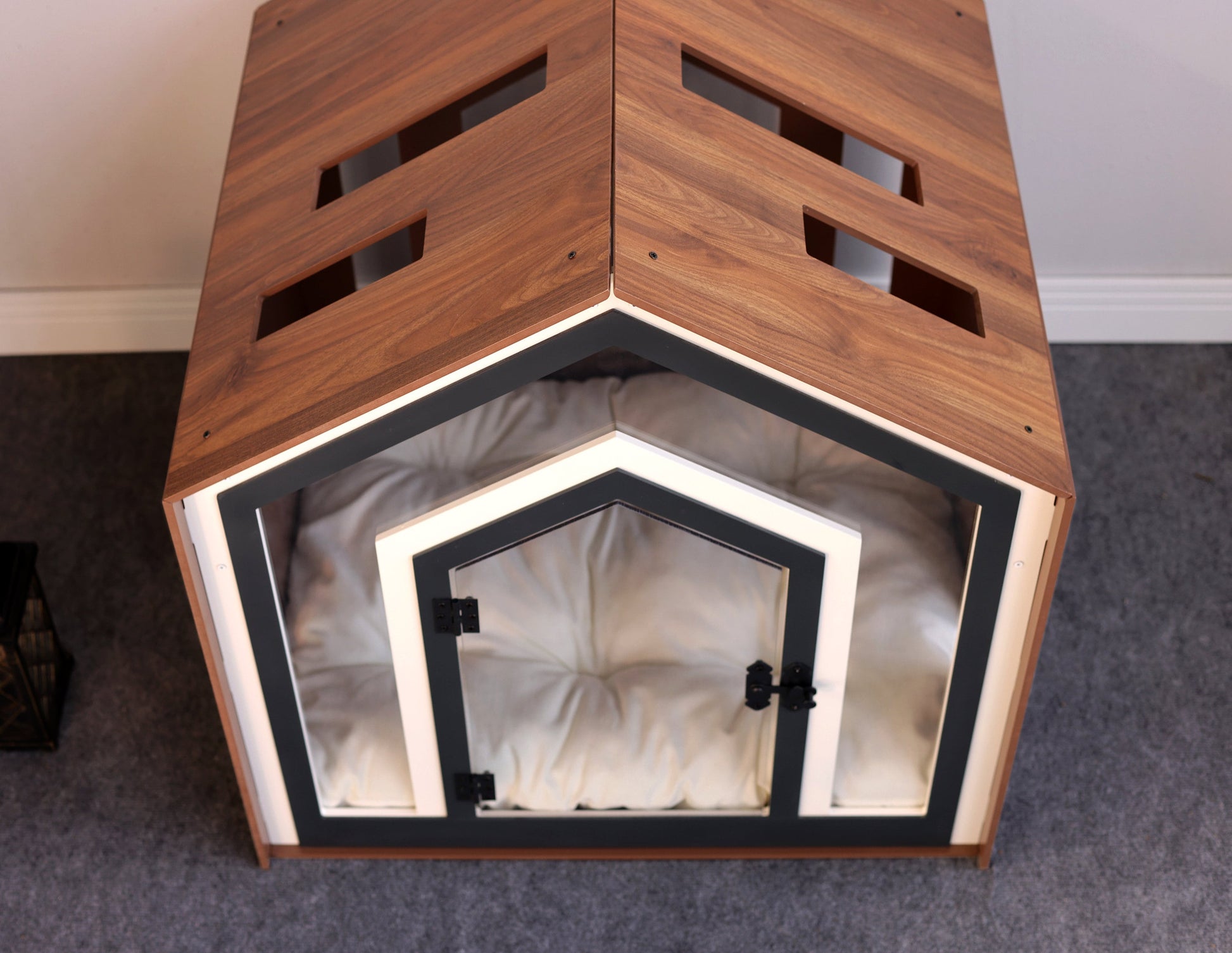 Mid Walnut Dog Crate with Custom Dog Bed, Dog Crate Furniture, Modern Dog Kennel, Indoor Dog House, Cat House, Cat Bed